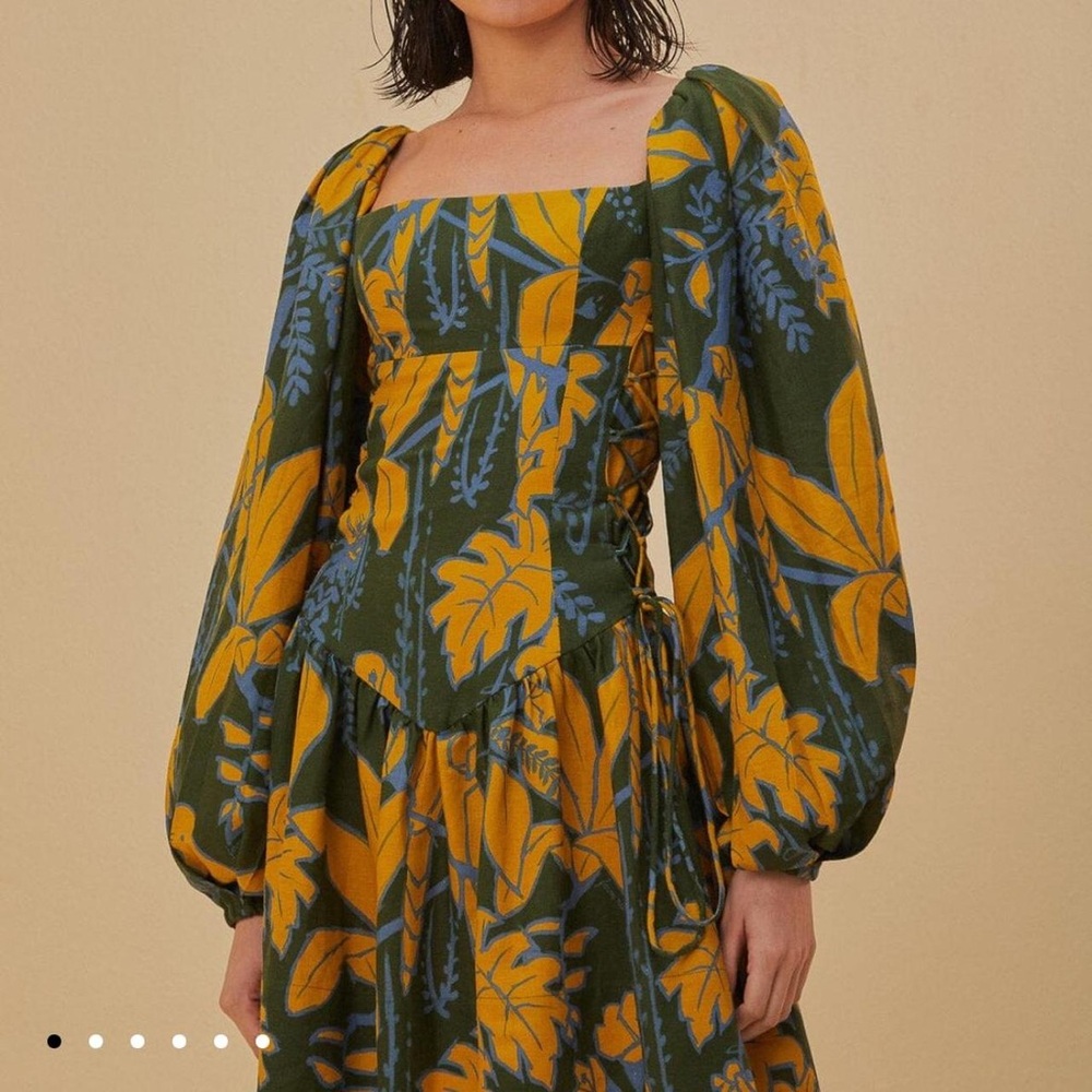 Farm Rio Green Foliage Sketch Lenzing Ecovero Euroflax Mini Dress